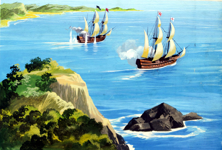 The Valiant Book Of Pirates - Ships Battle Off The Coast (Original) by Ron Embleton Art at The Illustration Art Gallery