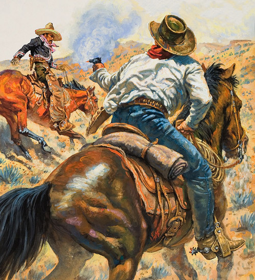 Cowboy Shooting a Vaquero (Original) by Edwin Phillips Art at The Illustration Art Gallery